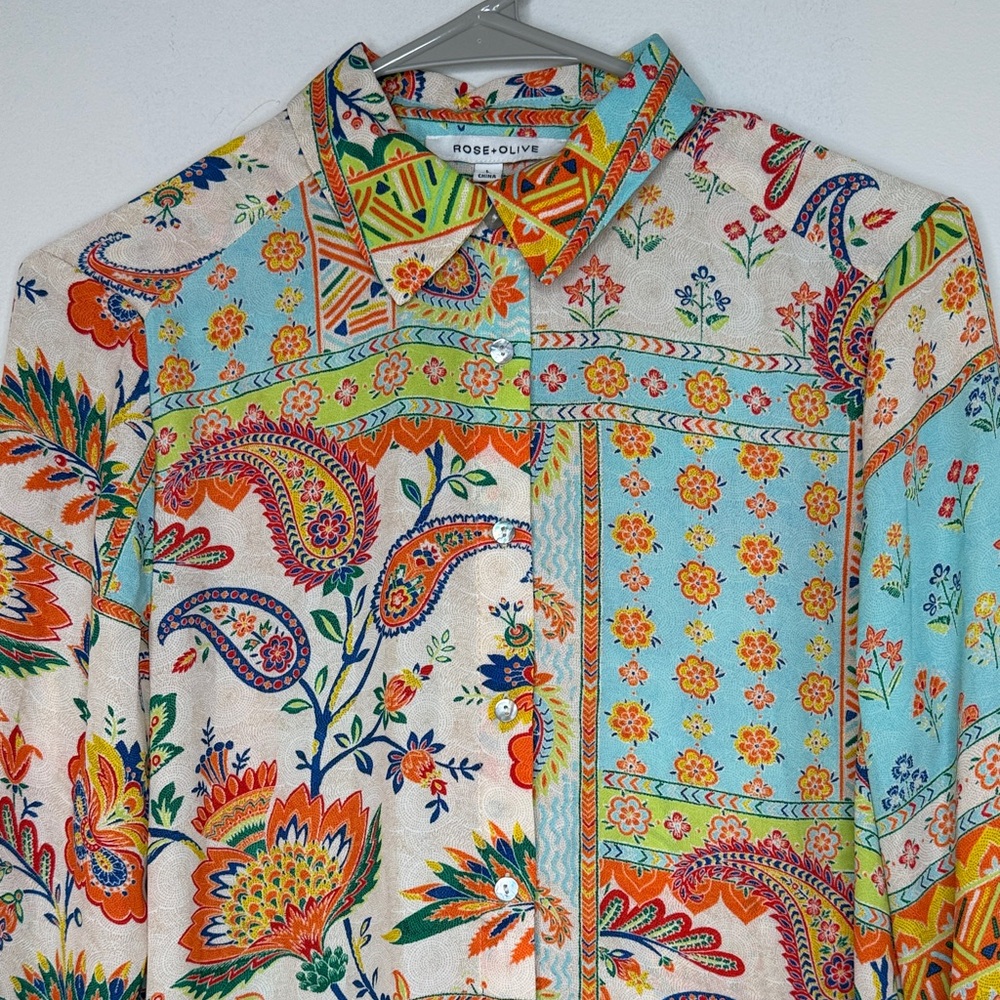 Rose & Olive Multicolor Paisley Button Down Retro Boho Shirt - Picture 5 of 12